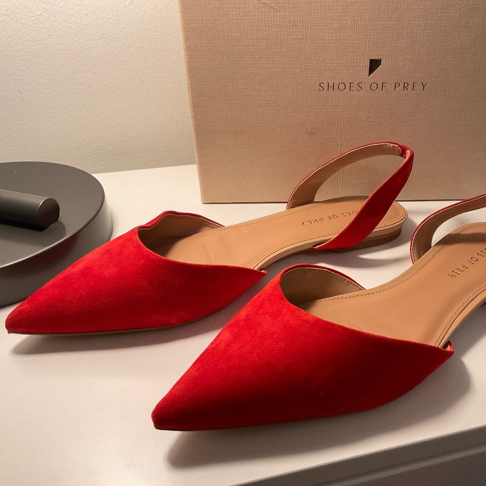Shoes of Prey Cherry Red Suede Flat D’Orsay Pointed Toe Slingback 12.5 W
